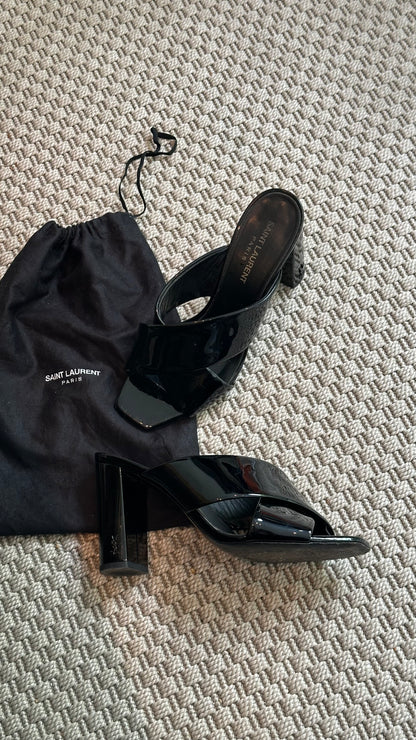 YSL Black Loulou Patent Cross Strap Slip-On Heeled Sandals – EU 38 / UK 5