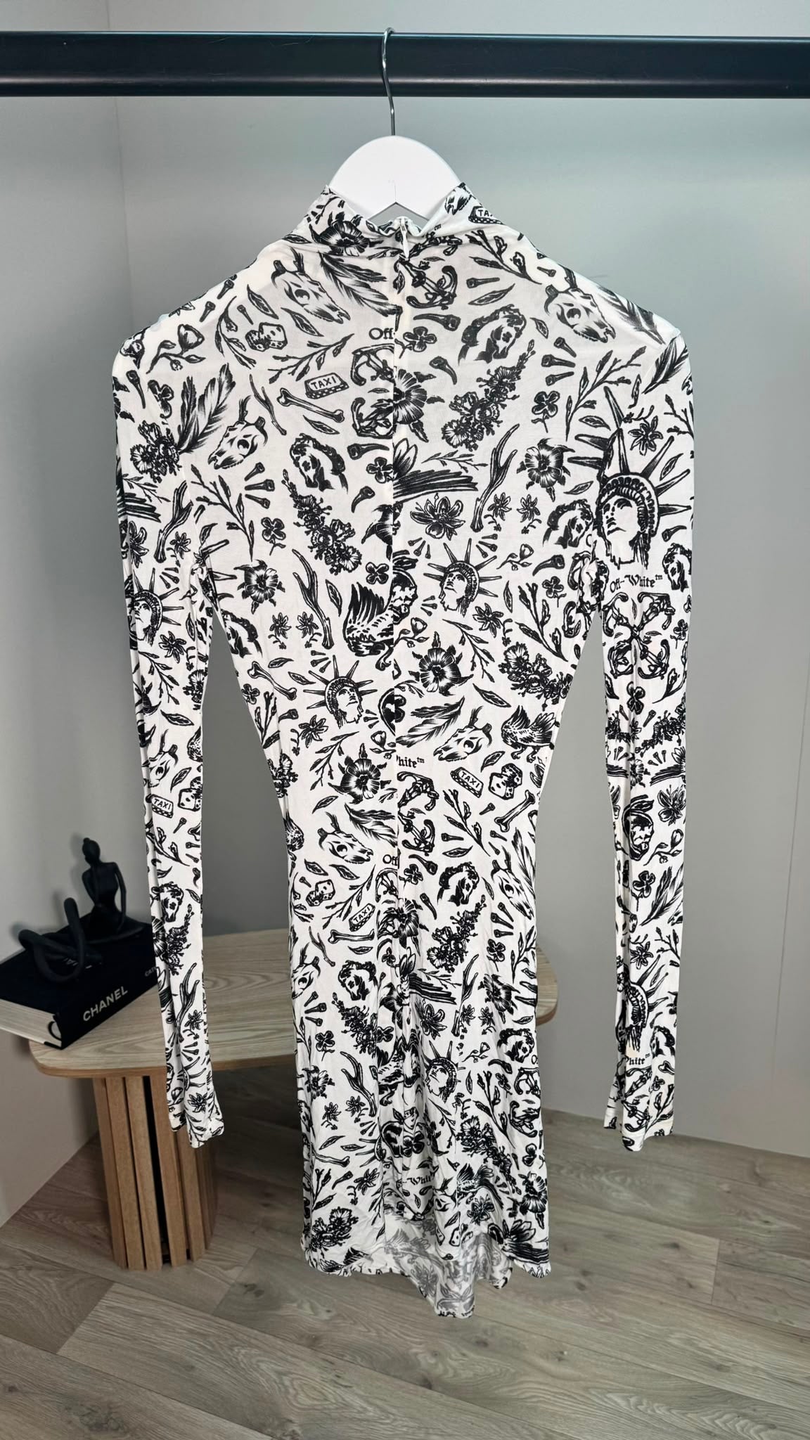 Off-White Black & White Print Ruched High Neck Dress – IT 40 / UK 8