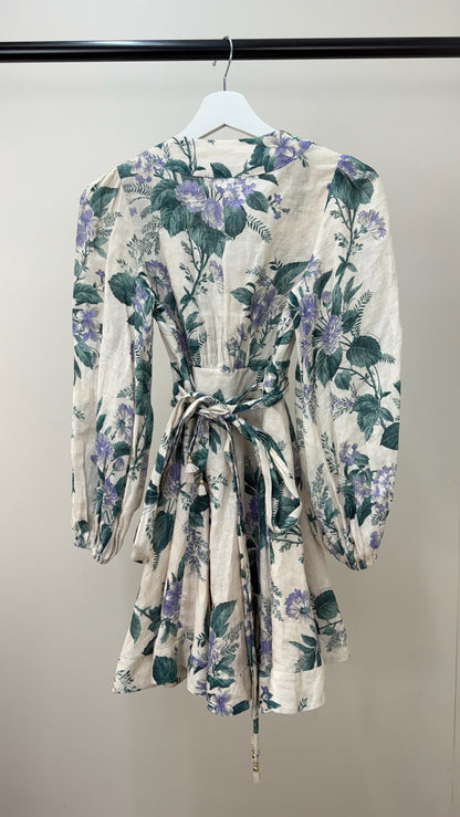 Zimmermann Cassia Floral-Print Linen Purple Green Floral Mini Dress -0
