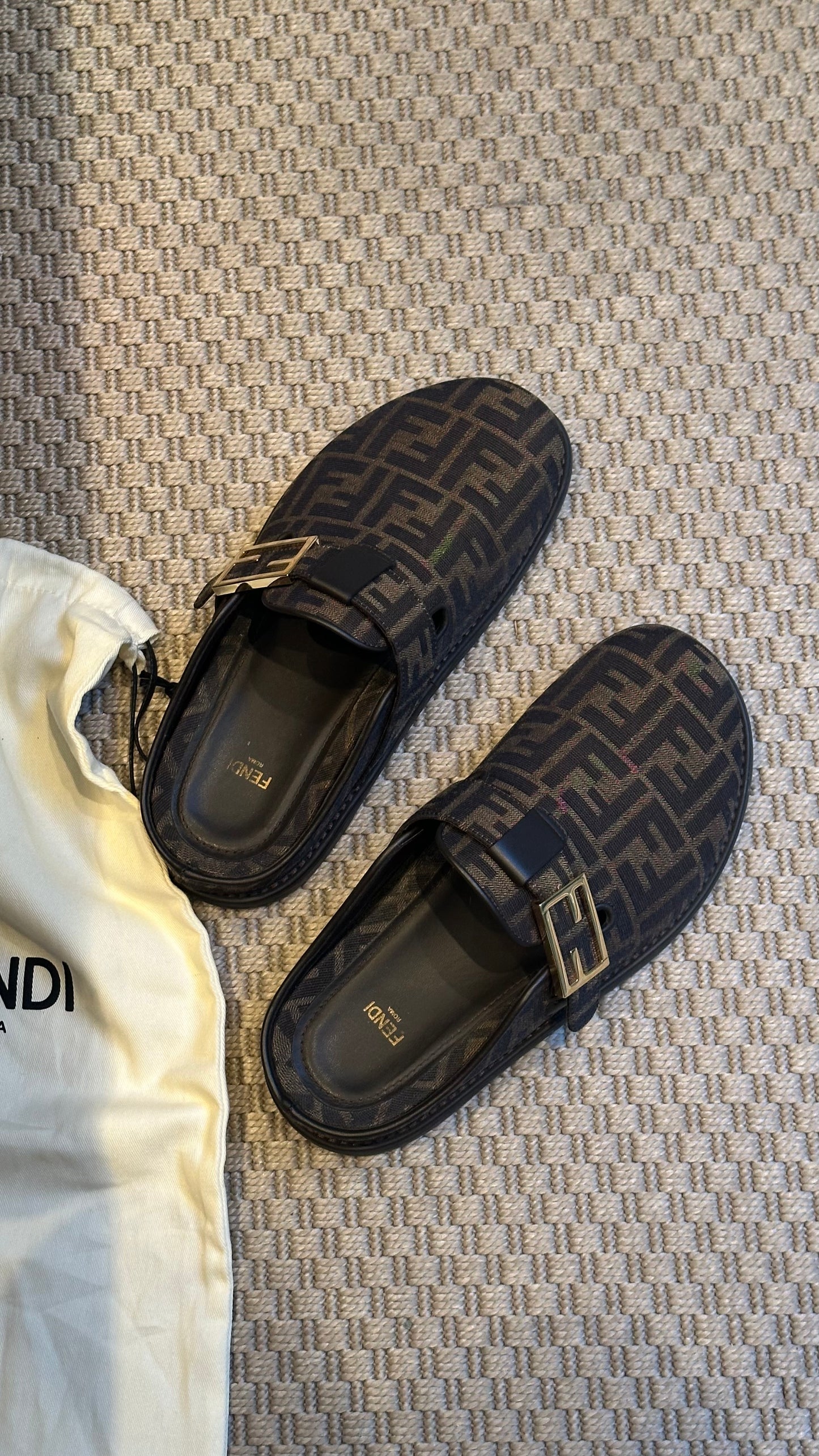 Fendi Brown FF gold mule slip on shoe - UK 7