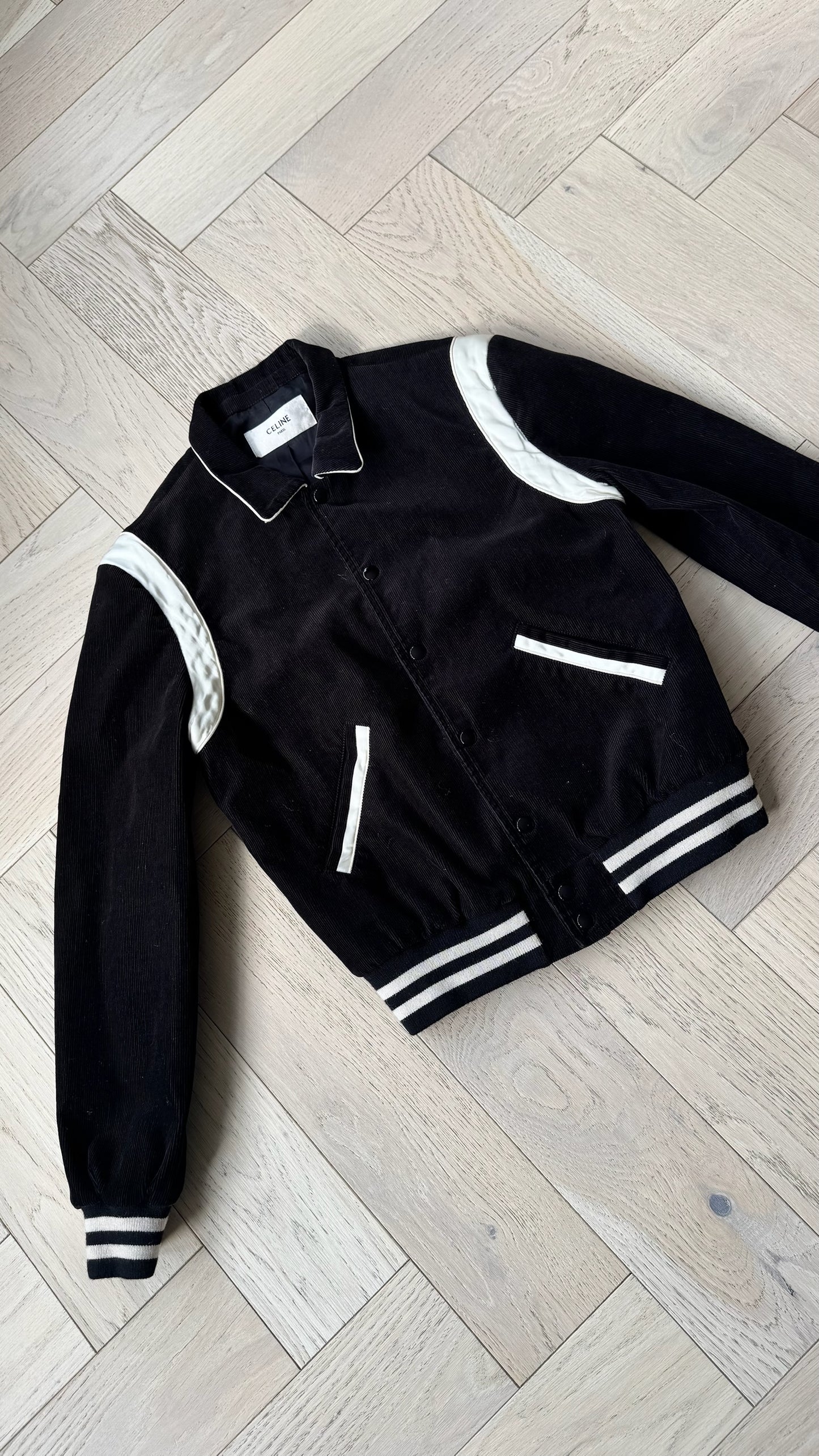 Celine Black & White Teddy Satin-Trimmed Cotton-Corduroy Varsity Jacket –48