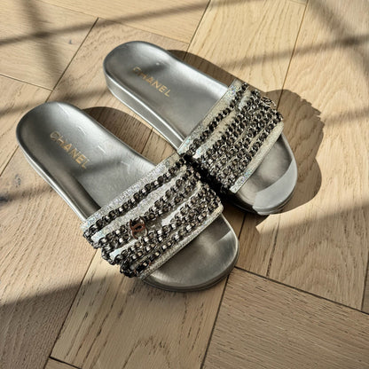 Chanel Silver CC Chainlink Flat Slide Sandals - UK 6