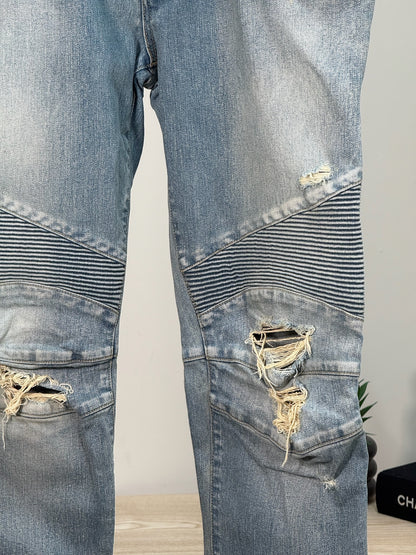 Balmain Men's Distressed Biker Tapered Jeans In A Light Blue Wash - 32 waist