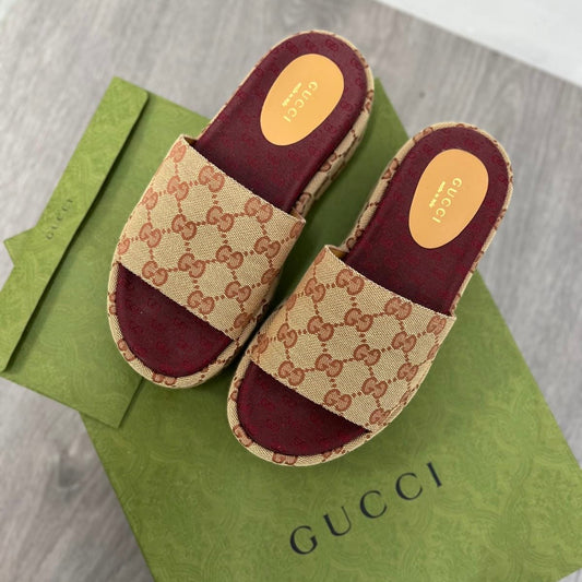 Gucci Platform camel and ebony maxi GG canvas Slide Sandal (Eu 35.5/ UK 2.5) Fits 3