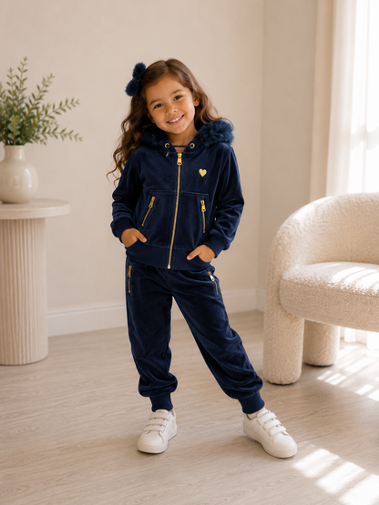 Kids Angel Face Navy Gold Hardware Fur Hood Tracksuit – Age 3-4 Years