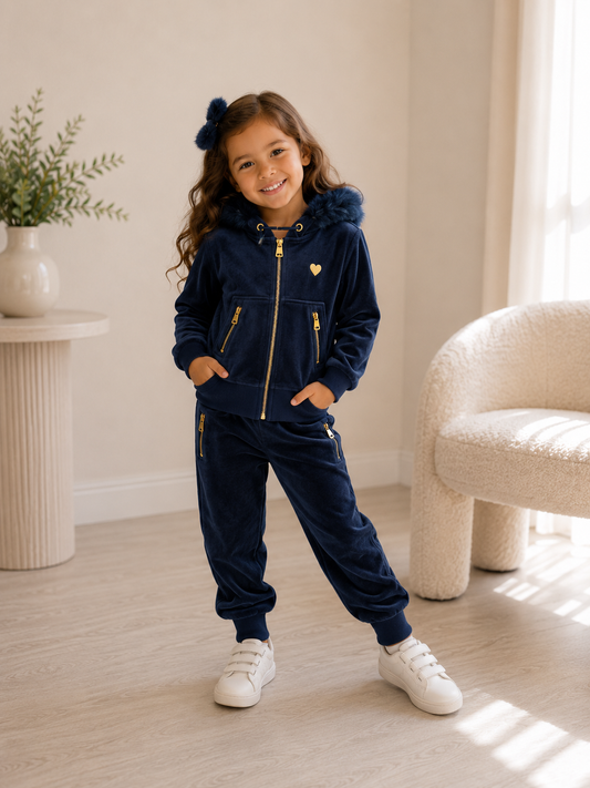 Kids Angel Face Navy Gold Hardware Fur Hood Tracksuit – Age 3-4 Years