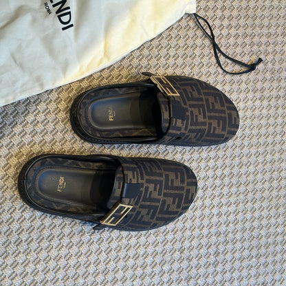 Fendi Brown FF gold mule slip on shoe - UK 7