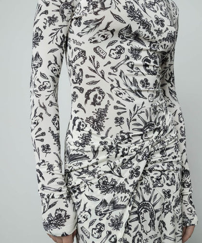 Off-White Black & White Print Ruched High Neck Dress – IT 40 / UK 8