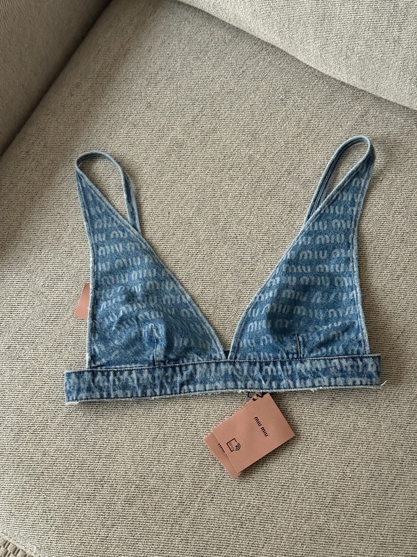 Miu Miu Denim Multi-Logo Bralette Crop - New In Tags 40 / Medium