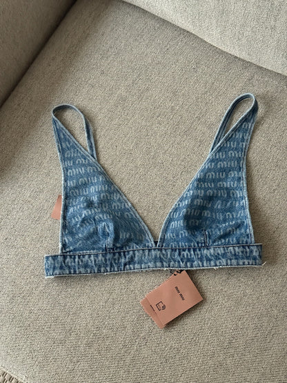 Miu Miu Denim Multi-Logo Bralette Crop - New In Tags 40 / Medium