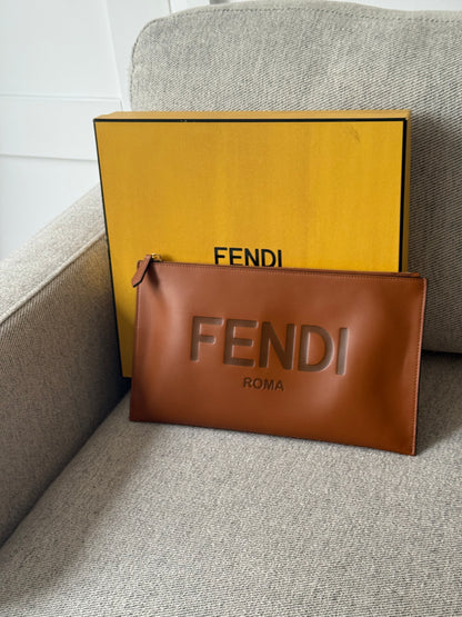 Fendi Brown Logo Flat Clutch Bag