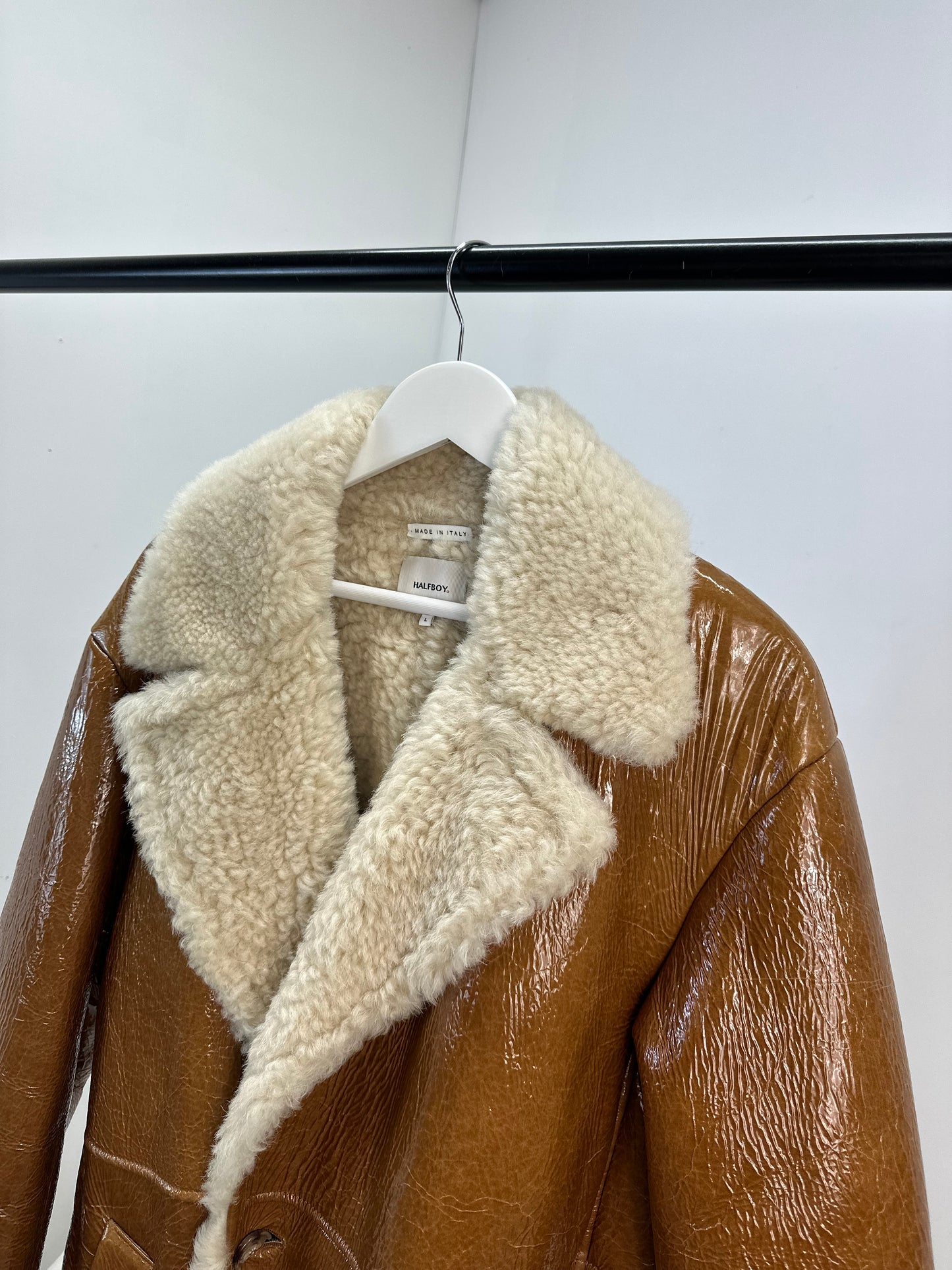 Halfboy Brown Ovina Leather Shearling Coat - UK Large