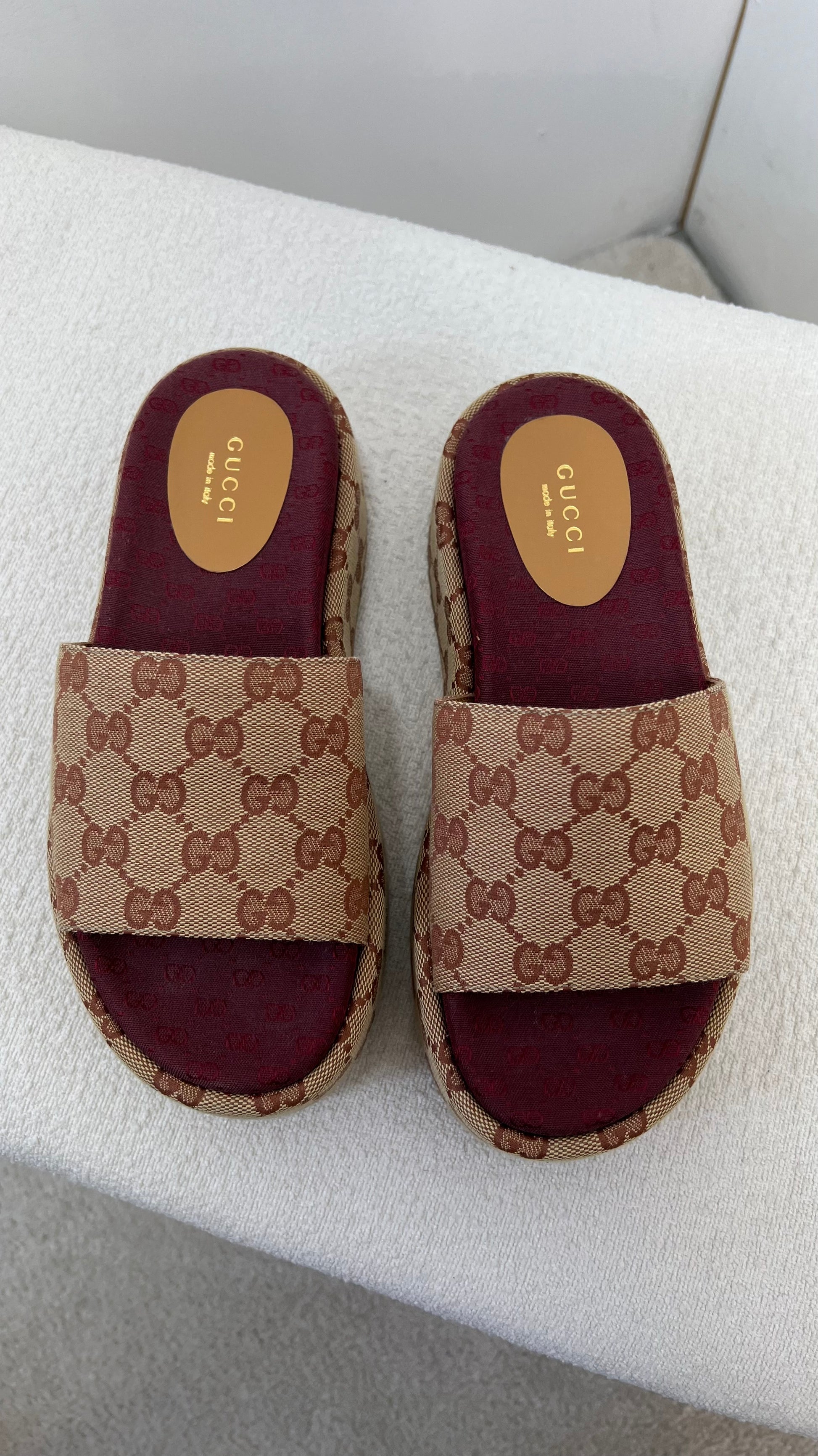 Gucci Platform camel and ebony maxi GG canvas Slide Sandal (Eu