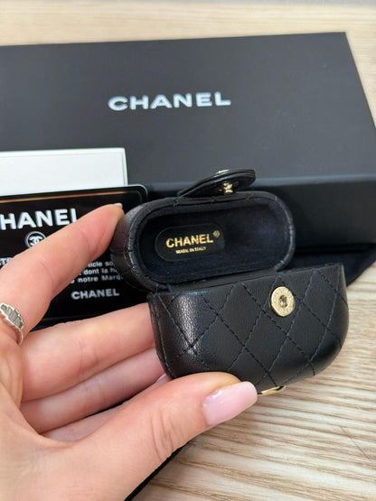 Chanel Black CC Apple Airpods Case On Chain Quilted Caviar Leather - One Size