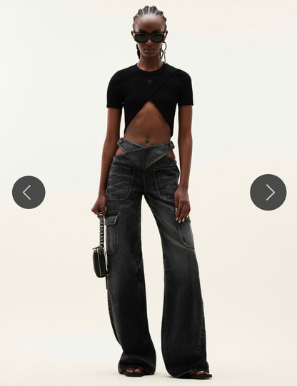 Courrégès Black Combat Denim Wide Leg Jeans - 36