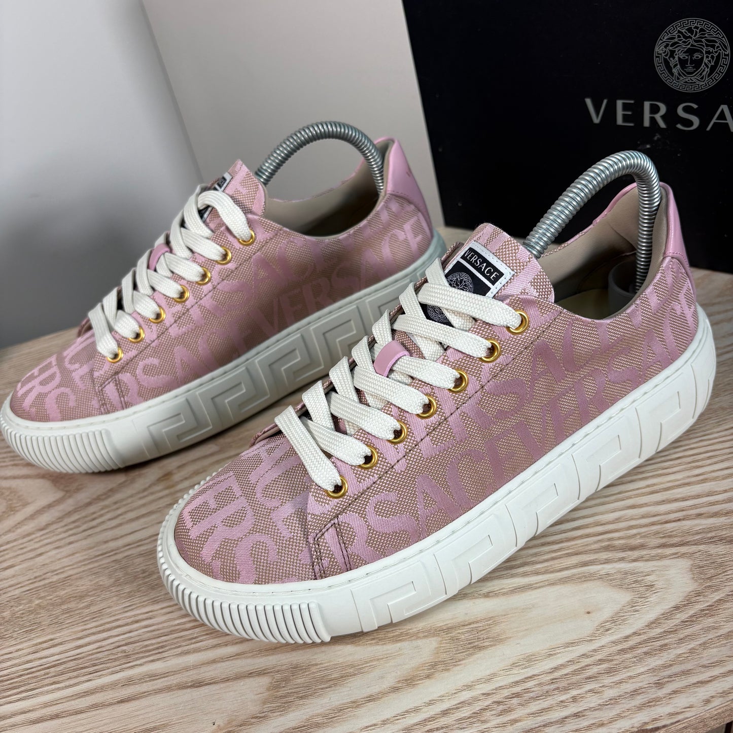 Versace Pink Greca Allover Canvas Trainers – Brand New In Box EU 38 / UK 5