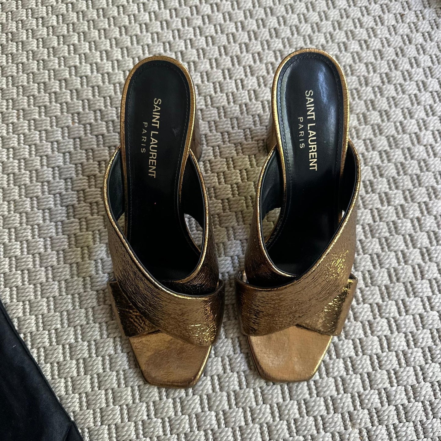YSL Gold Cross Strap Slip-On Heeled Sandals – EU 38 / UK 5