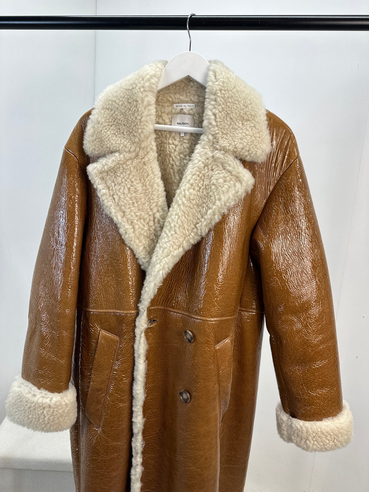 Halfboy Brown Ovina Leather Shearling Coat - UK Large