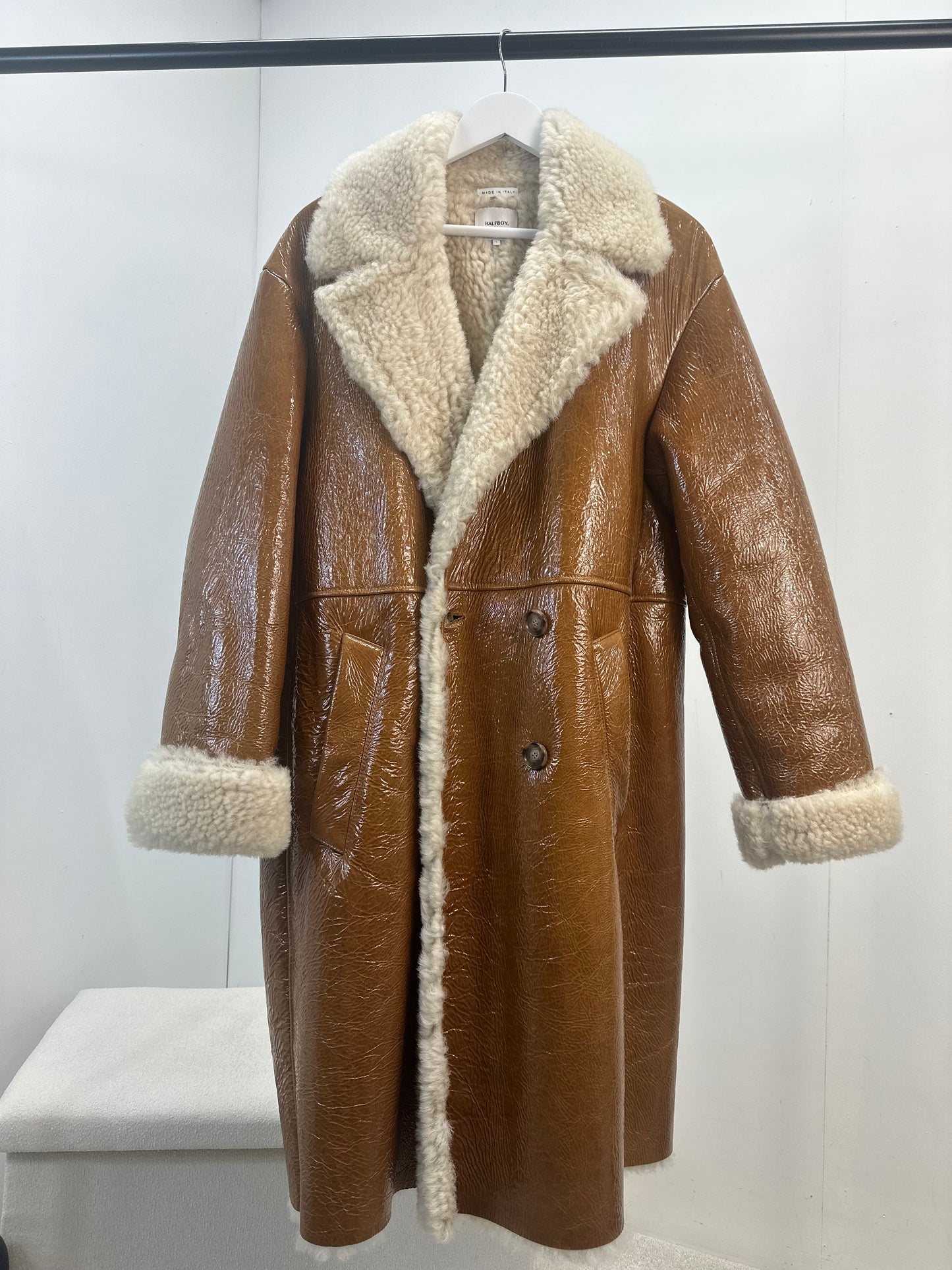 Halfboy Brown Ovina Leather Shearling Coat - UK Large