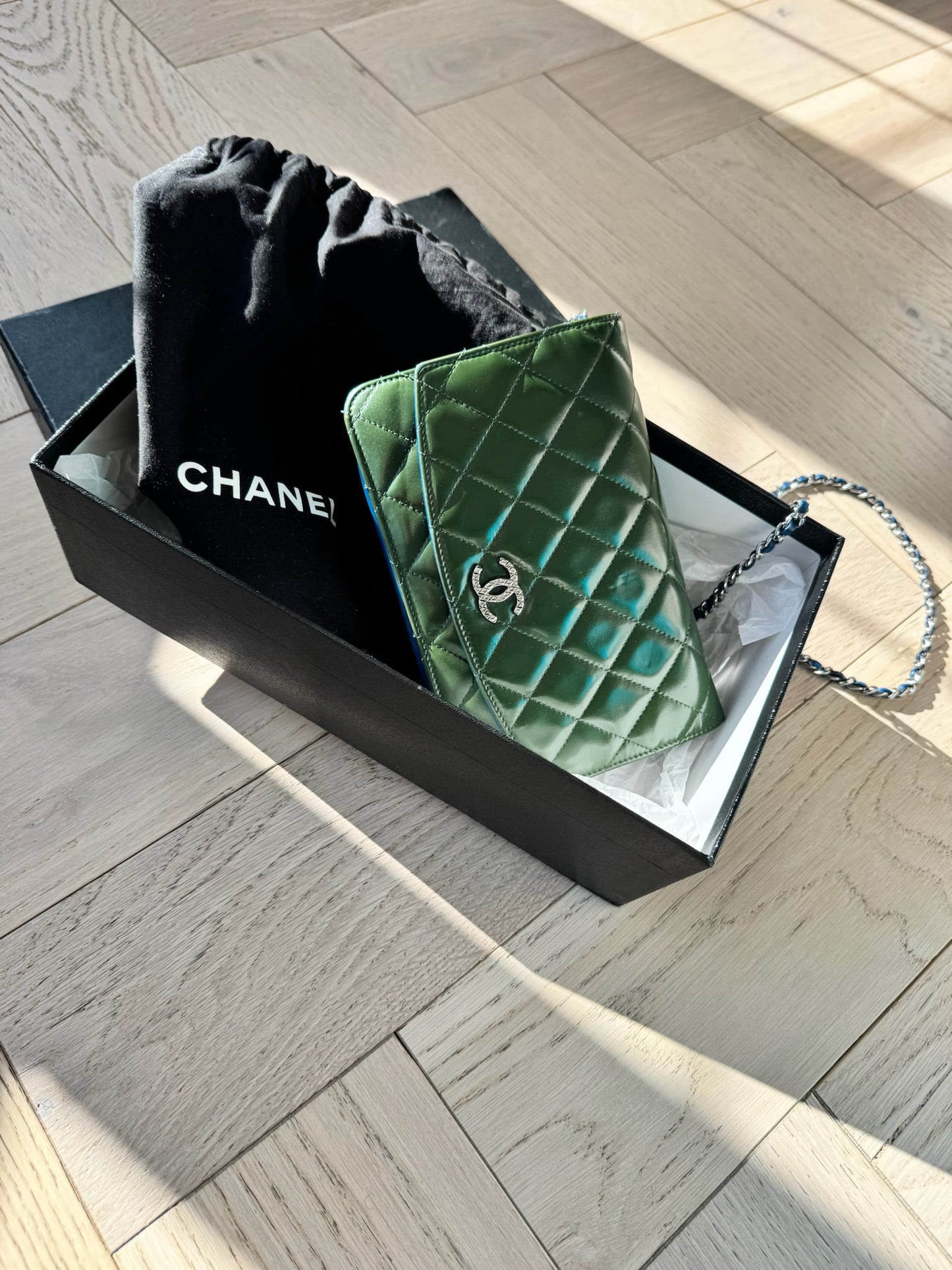 Chanel Green Quilted Patent Chanel Wallet On Chain