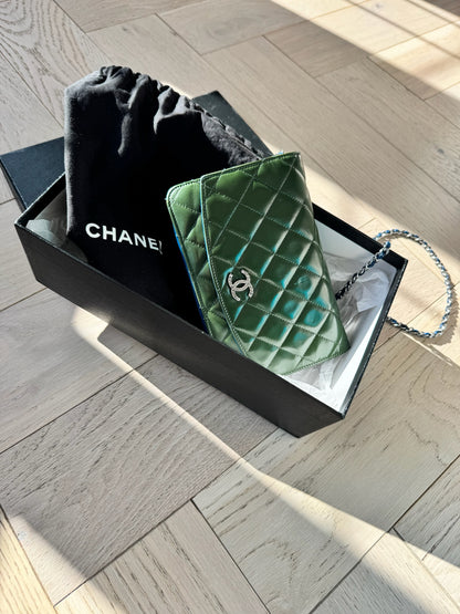 Chanel Green Quilted Patent Chanel Wallet On Chain