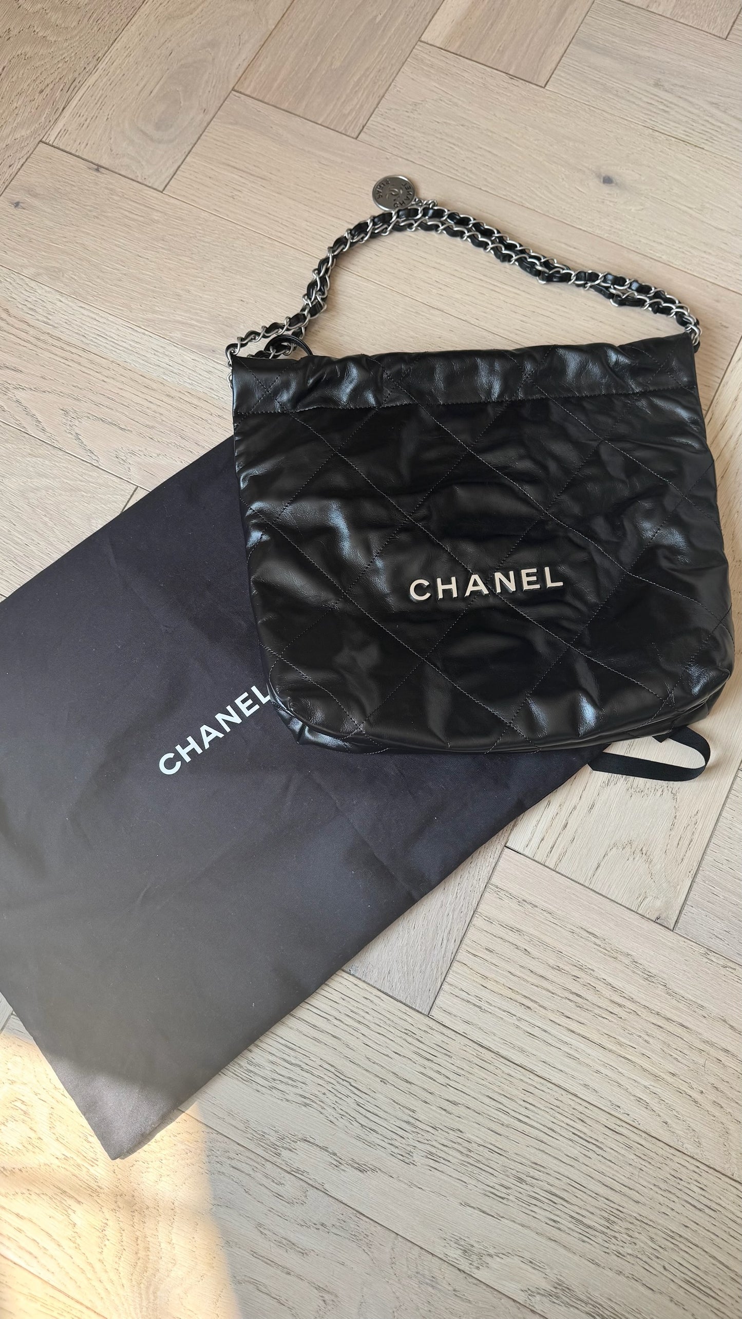Chanel 22 Tote Quilted Diamond Stitched Hobo Bag with Brushed Silver Hardware. As New