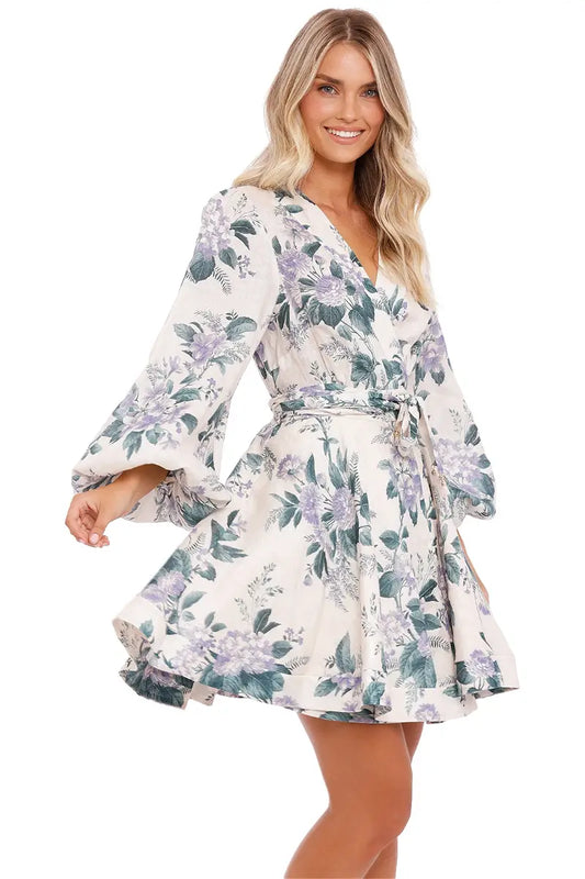 Zimmermann Cassia Floral-Print Linen Purple Green Floral Mini Dress -0