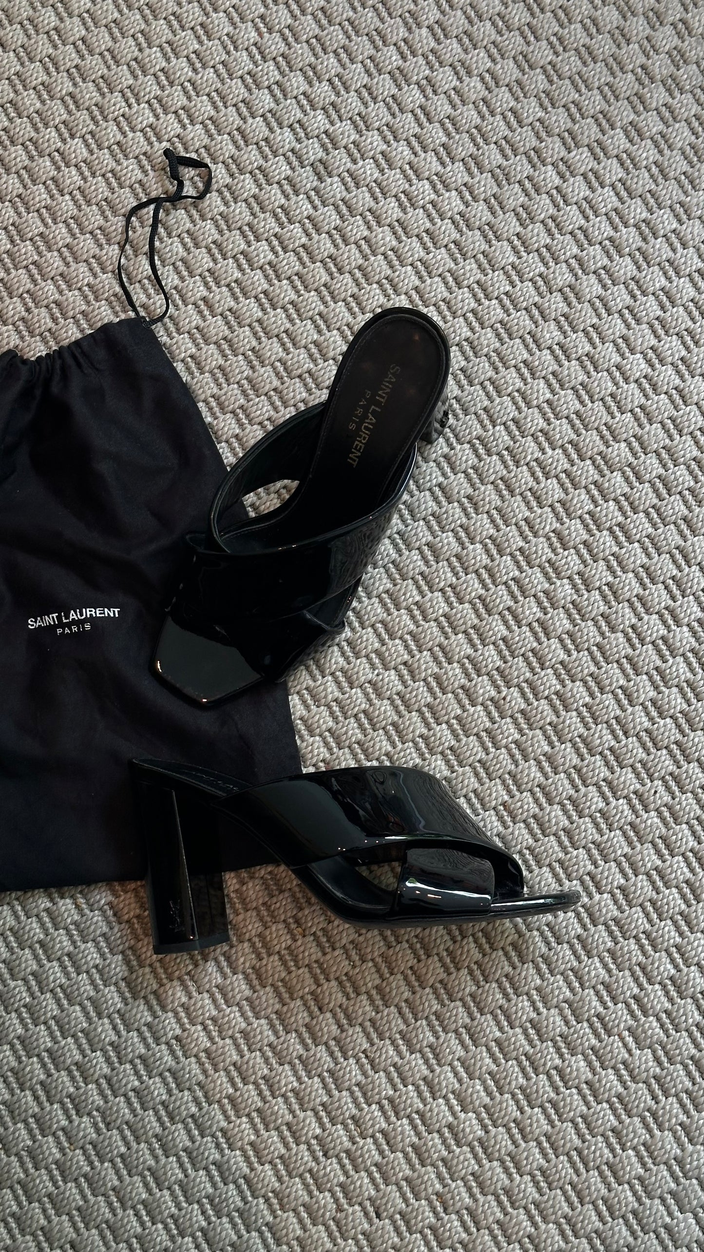 YSL Black Loulou Patent Cross Strap Slip-On Heeled Sandals – EU 38 / UK 5