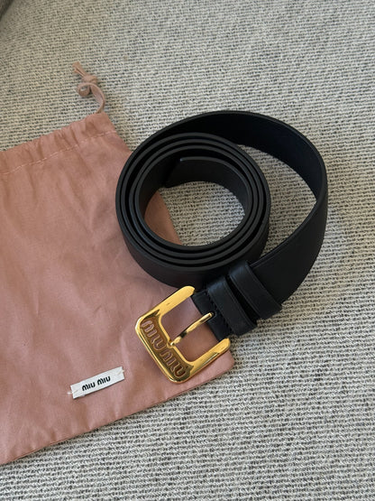 Miu Miu Black Gold Logo Embellished Leather Belt - 34/85