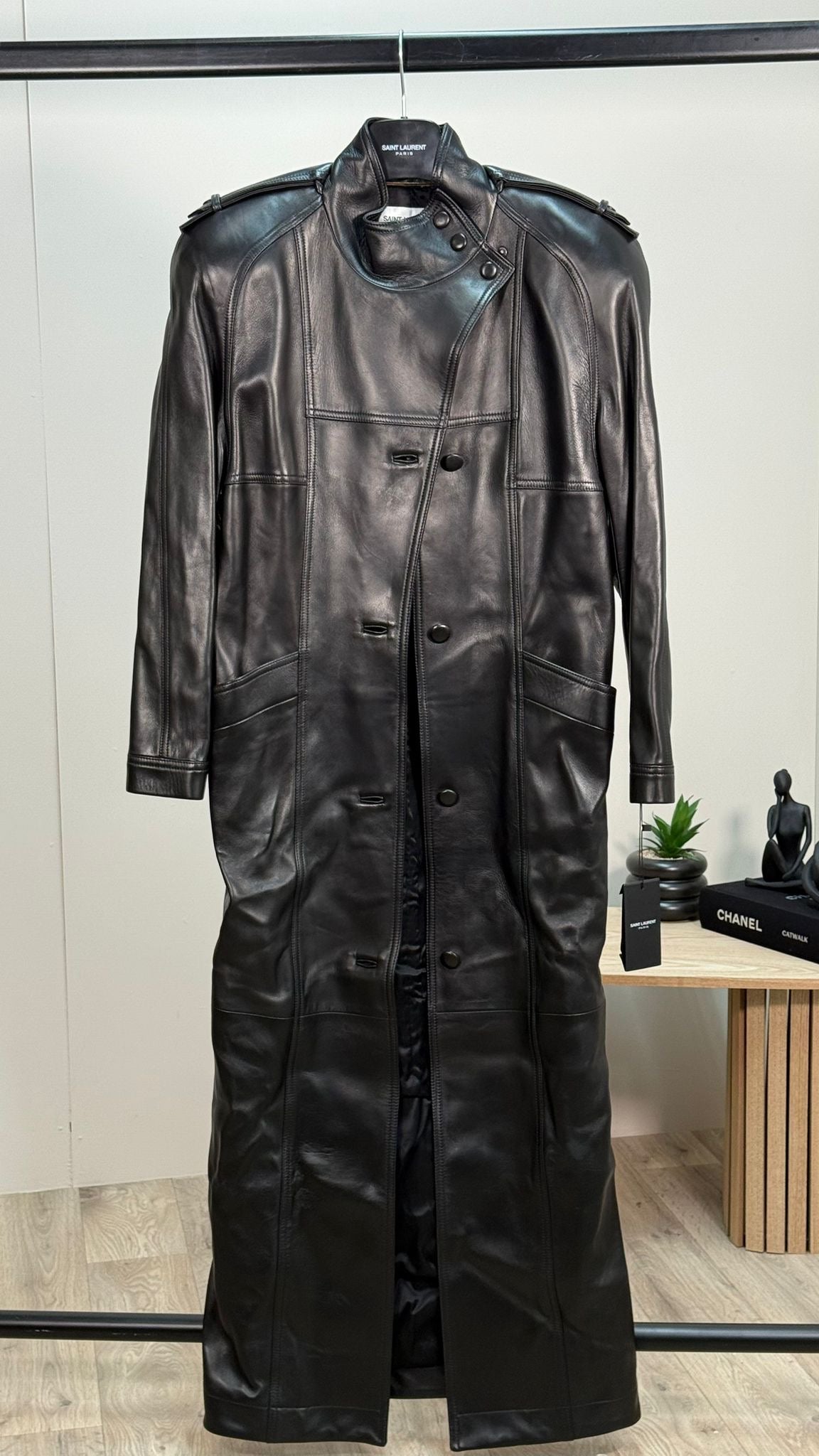 Saint Laurent Biker Leather Smooth Black Trench Coat - New In Tags FR 38/S-M