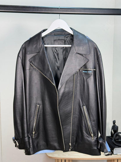 Prada Black Leather Silver Zip Biker Jacket - Size 40/M