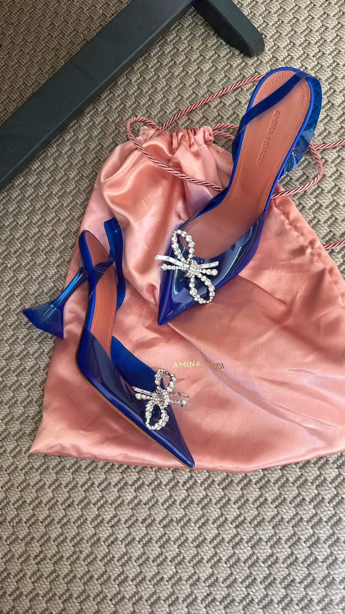 Amina Muaddi Blue PVC Crystal Bow Slingback Heels – EU 36 / UK 3