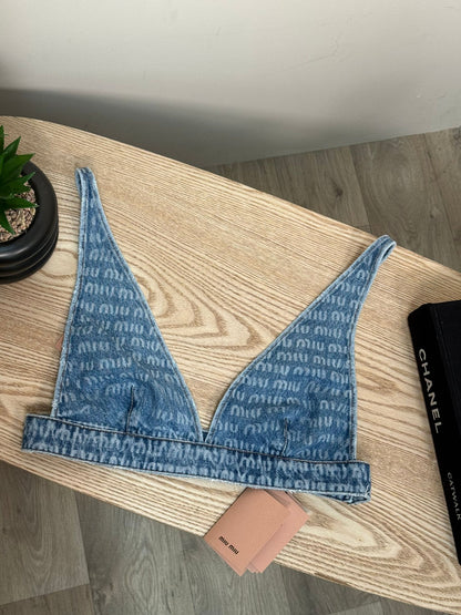Miu Miu Denim Multi-Logo Bralette Crop - New In Tags 40 / Medium