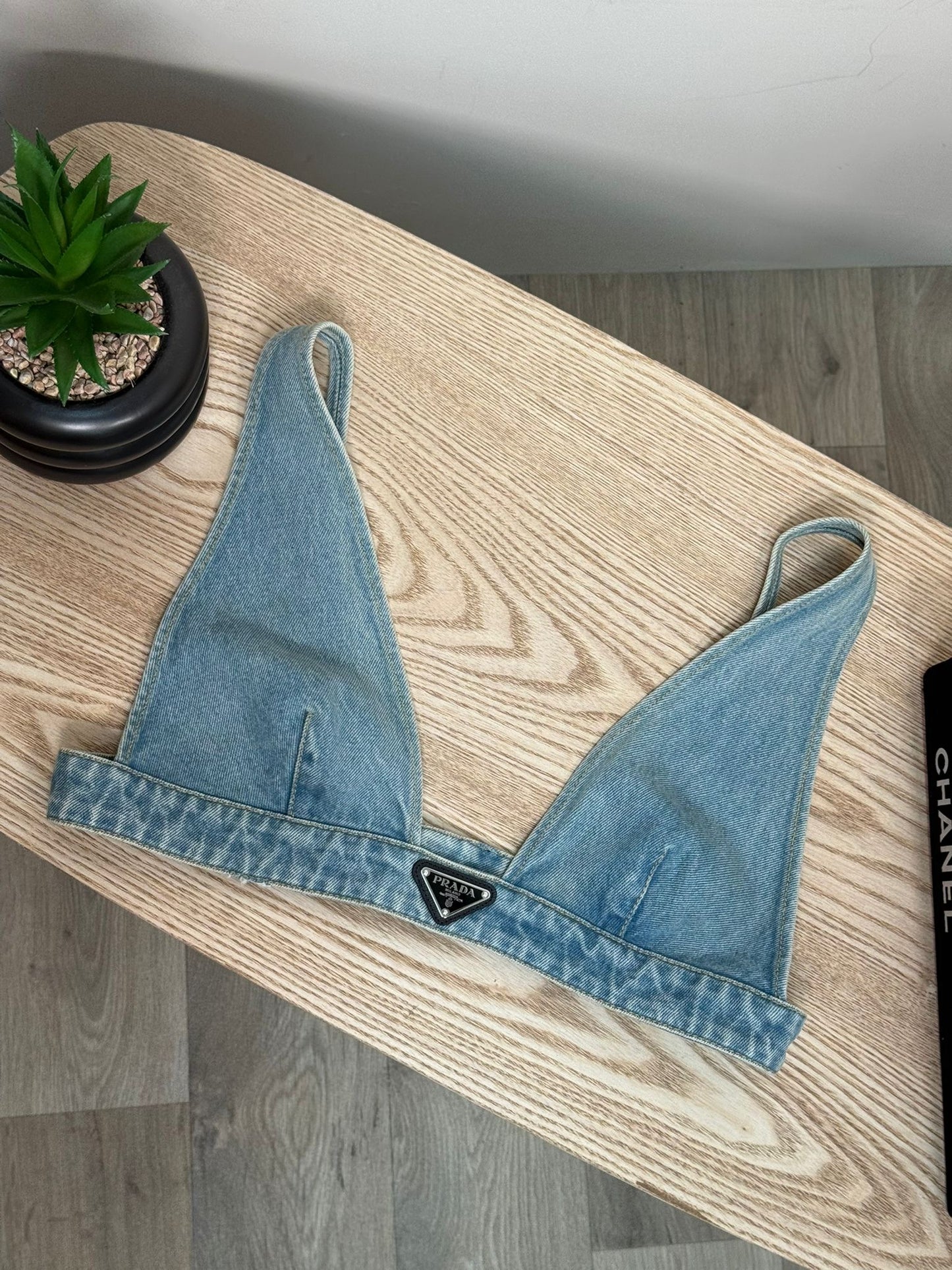 Prada Denim Plaque Logo Bralette Crop - EU 44