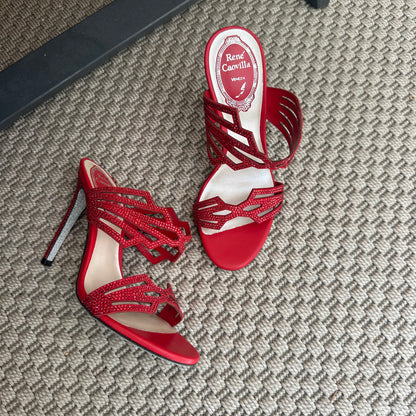 René Caovilla Red Crystal Embellished Mule Heels – EU 35.5 / UK 2.5