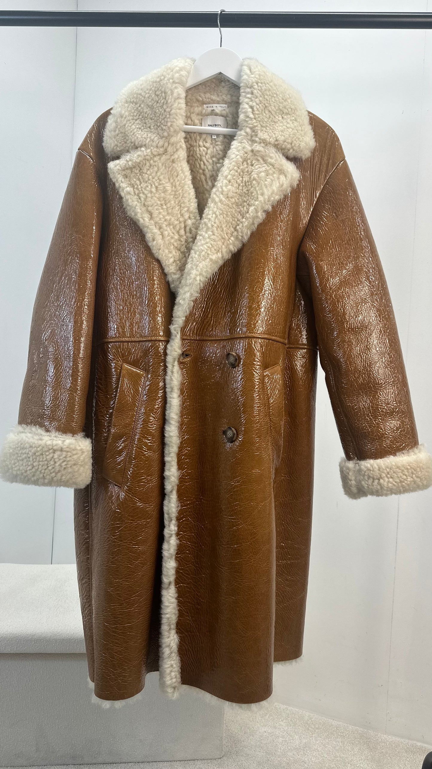 Halfboy Brown Ovina Leather Shearling Coat - UK Large