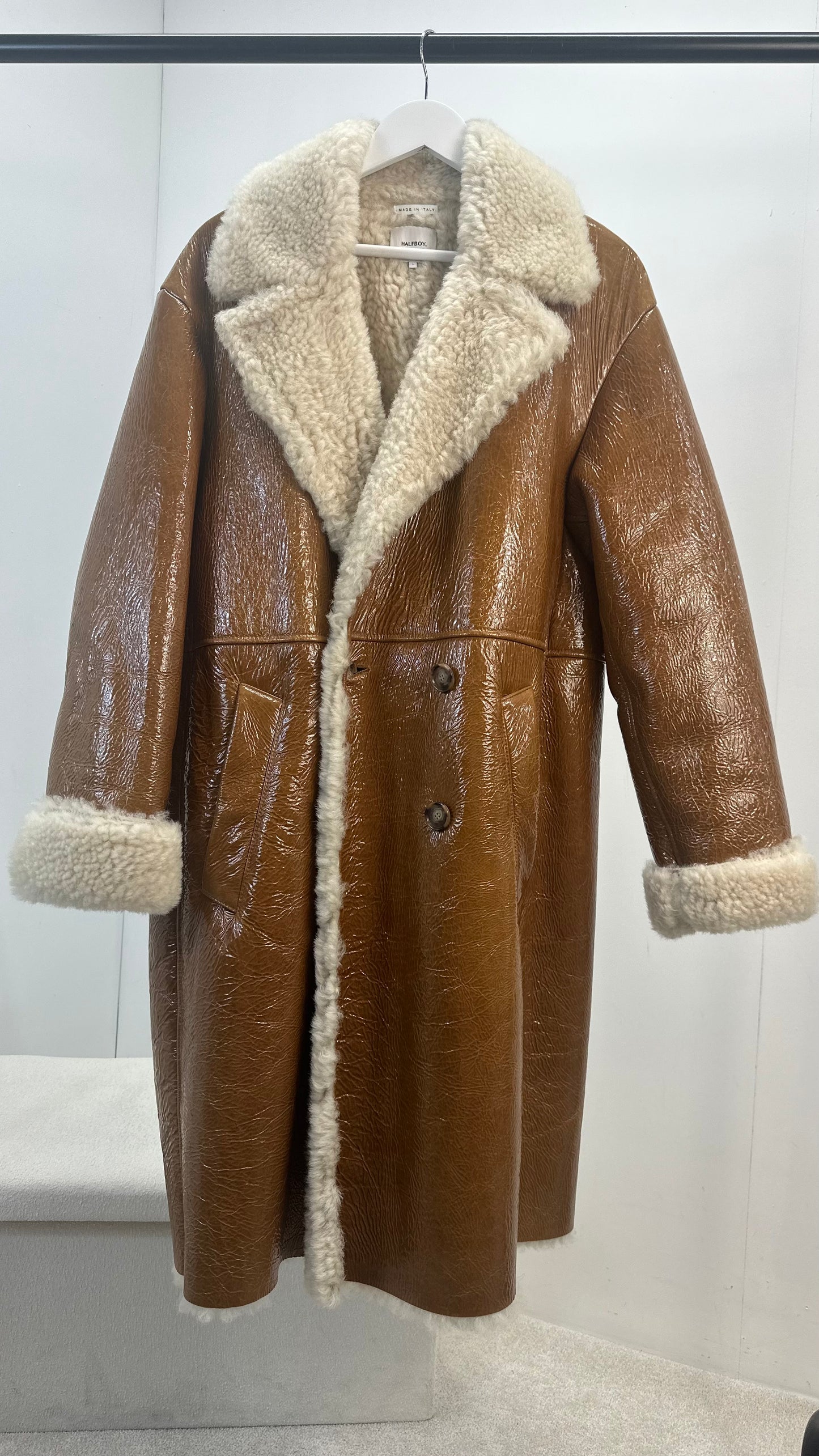 Halfboy Brown Ovina Leather Shearling Coat - UK Large