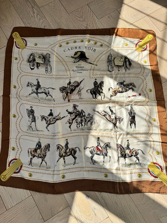 Hermès Cadre Noir Brown Cream Silk Scarf