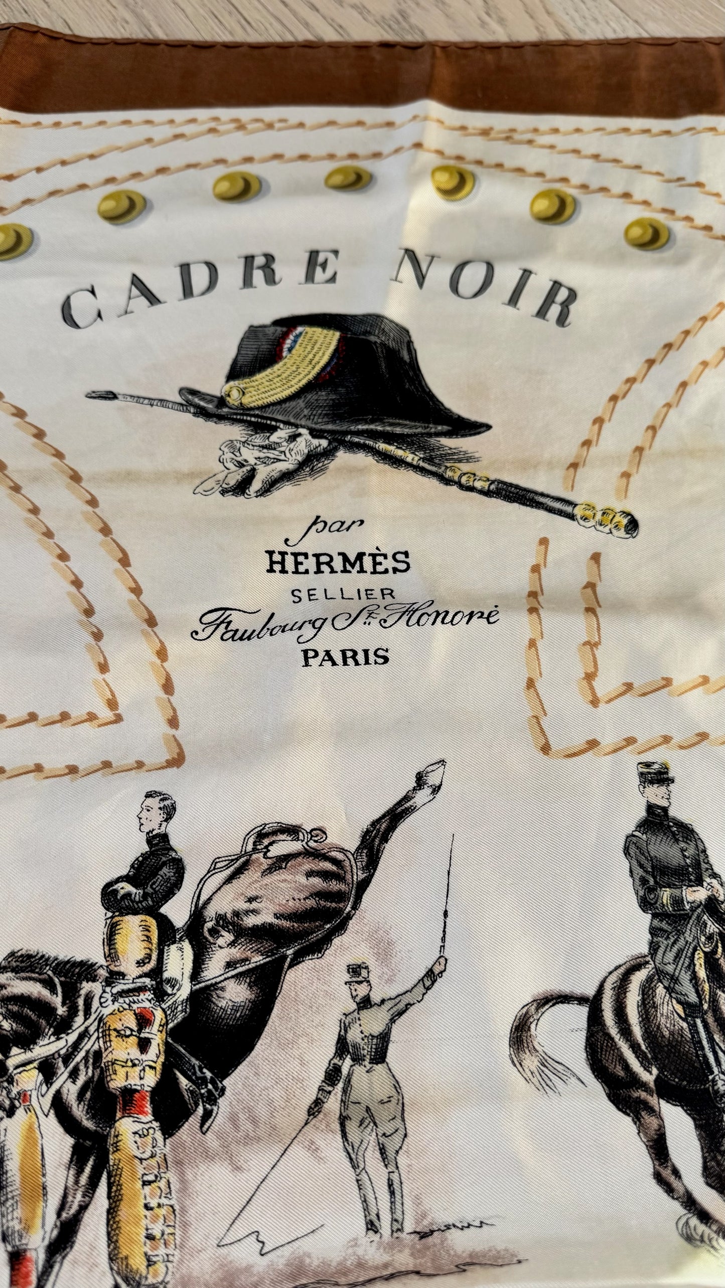 Hermès Cadre Noir Brown Cream Silk Scarf