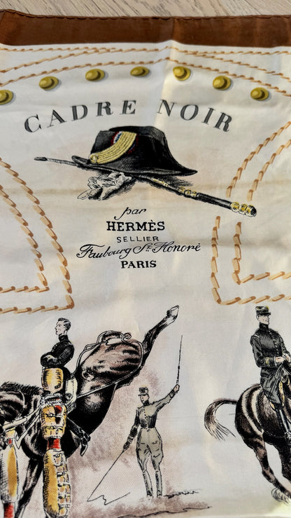 Hermès Cadre Noir Brown Cream Silk Scarf