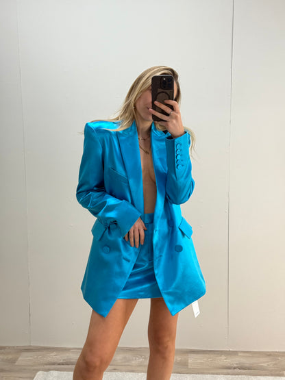 Alex Perry Blue Duchess Silk Blazer Skirt Set, In Tags - UK 8