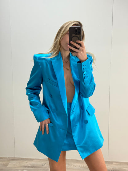 Alex Perry Blue Duchess Silk Blazer Skirt Set, In Tags - UK 8