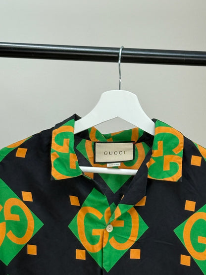 Gucci Black Green Gold GG Silk Shirt - 50