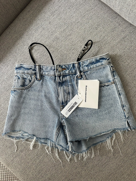 Alexander Wang Blue Denim Thong Diamonte Badge Shorts-Brand New In Tags XXS