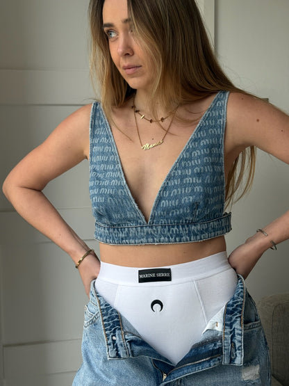 Miu Miu Denim Multi-Logo Bralette Crop - New In Tags 40 / Medium