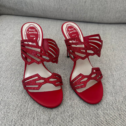 René Caovilla Red Crystal Embellished Mule Heels – EU 35.5 / UK 2.5