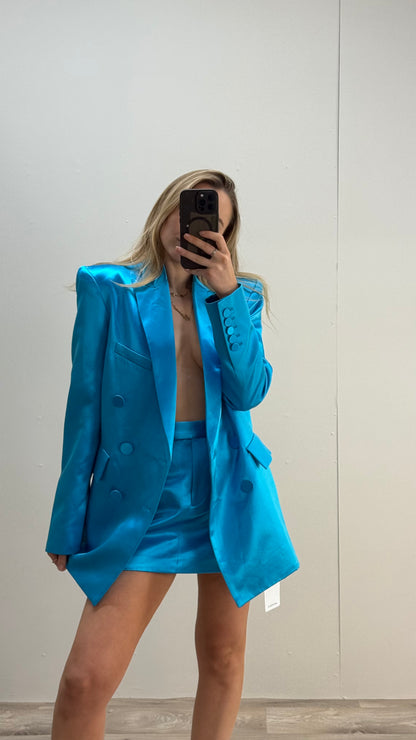 Alex Perry Blue Duchess Silk Blazer Skirt Set, In Tags - UK 8