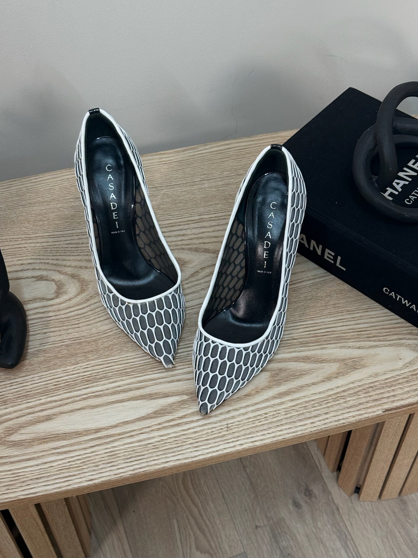 Casadei White And Grey Net Heels - UK 4