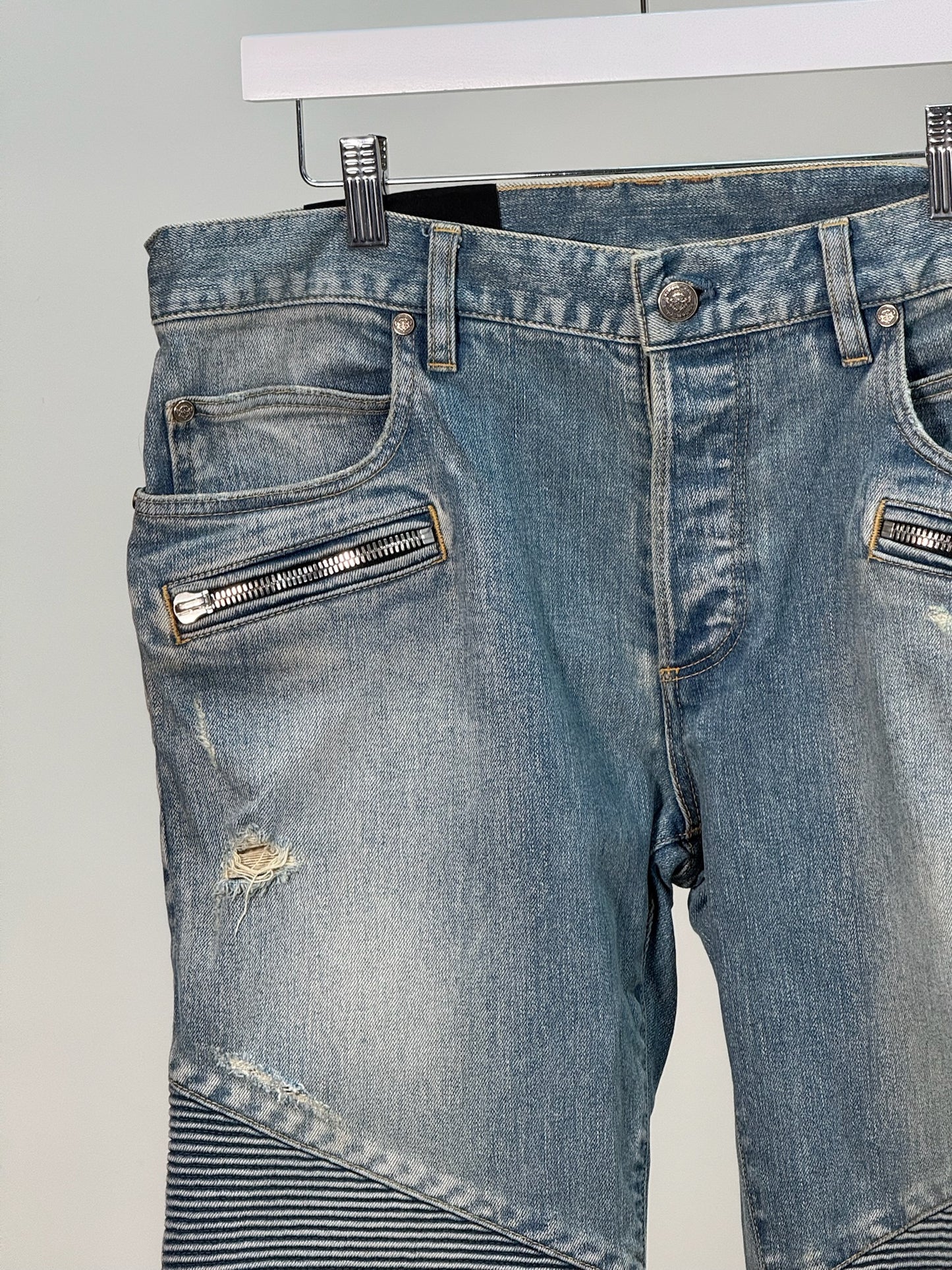 Balmain Men's Distressed Biker Tapered Jeans In A Light Blue Wash - 32 waist