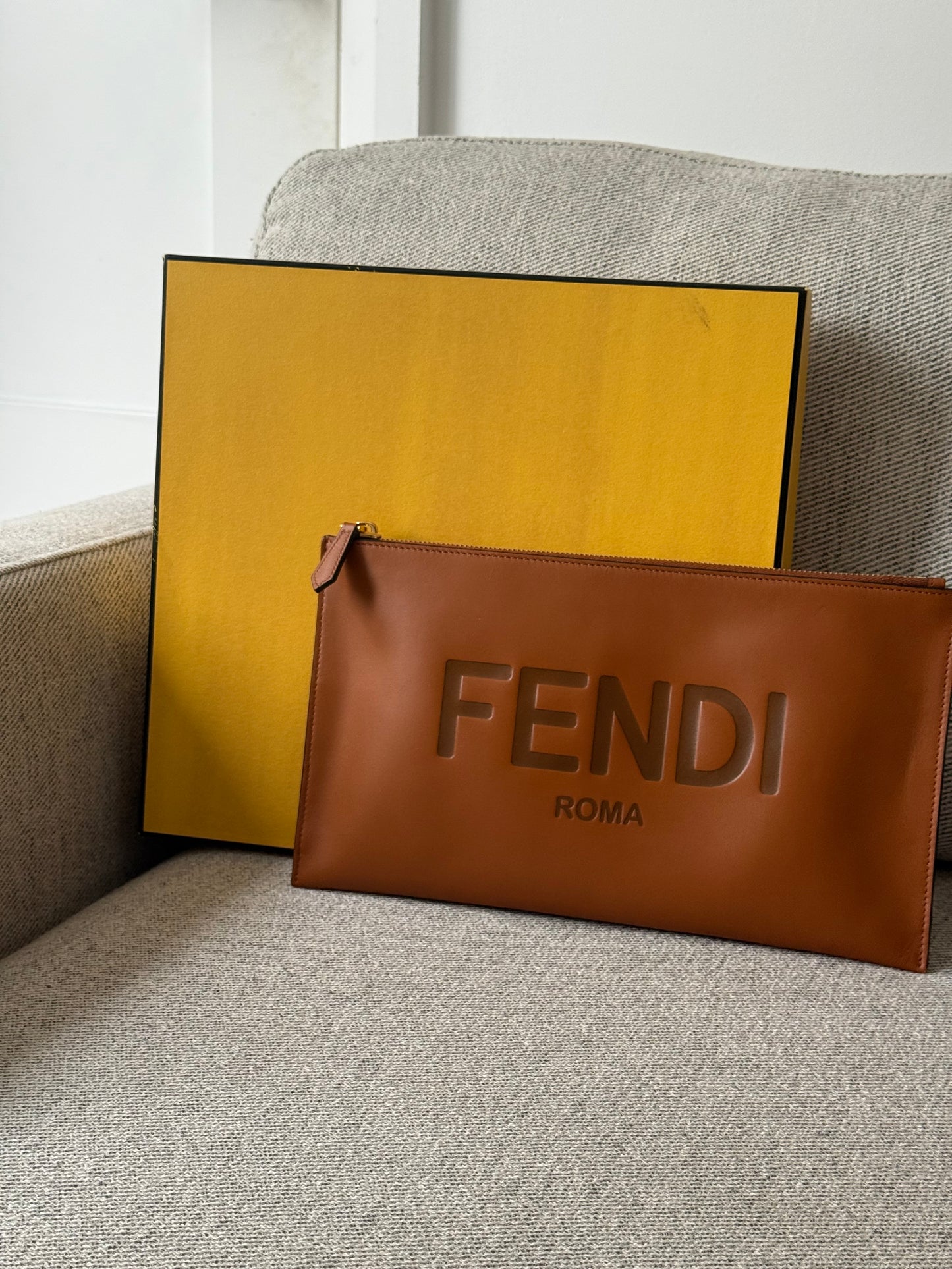 Fendi Brown Logo Flat Clutch Bag
